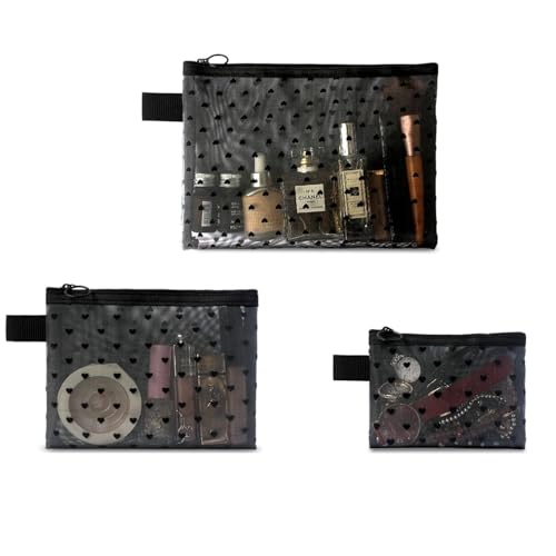 MAYCREATE® 3Pcs Heart Printed Mesh Makeup Bag Set, Portable Travel Mesh Cosmetic Toiletry Bags Purse Zipper Storage Pouches for Home Offices Travel Accessories (Black) MAYCREATE® 3Pcs Heart Printed Mesh Makeup Bag Set, Portable Travel Mesh Cosmetic Toiletry Bags Purse Zipper Storage Pouches for Home Offices Travel Accessories (Black)